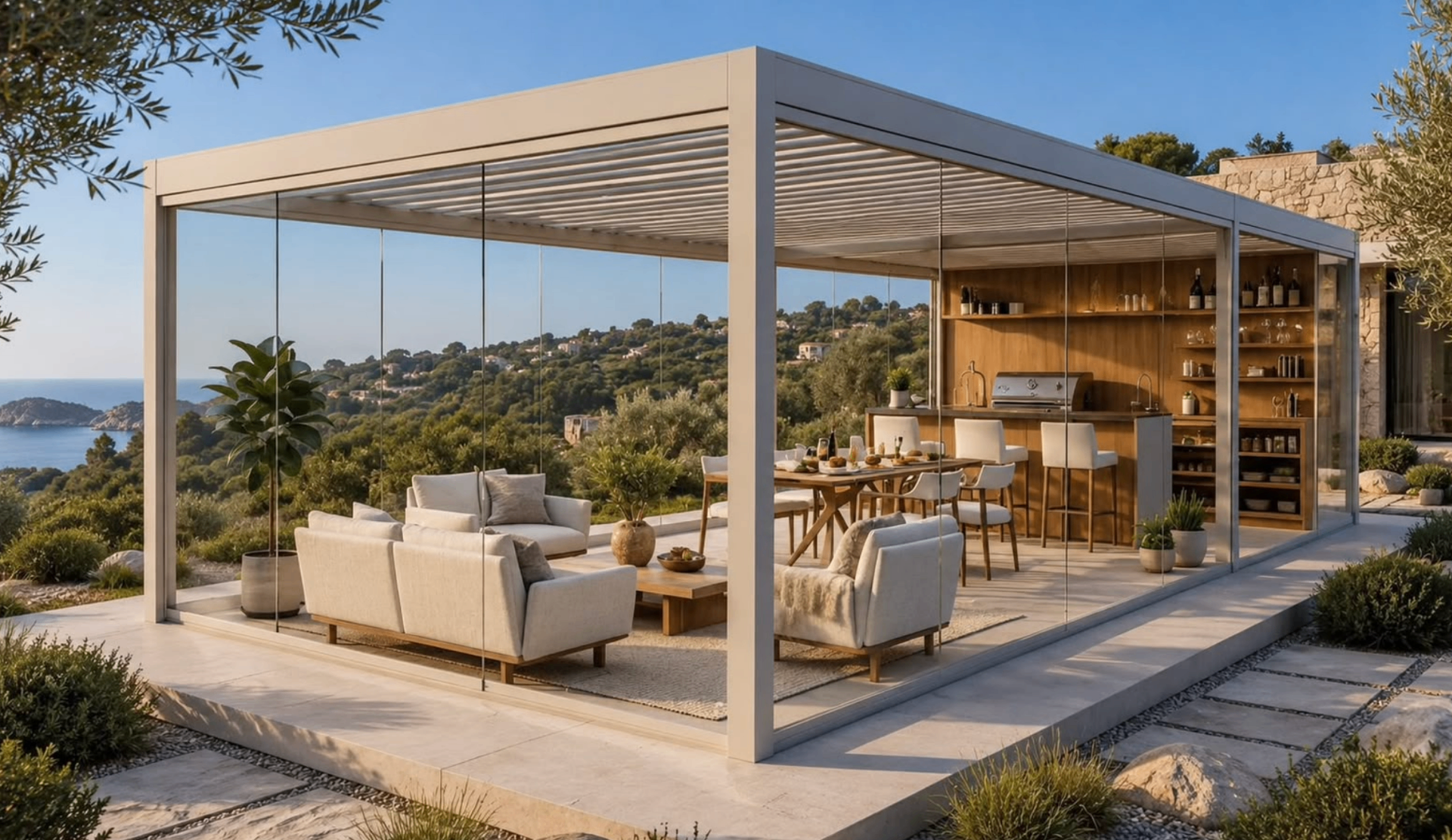Glass-enclosed pergola with sea view and outdoor kitchen