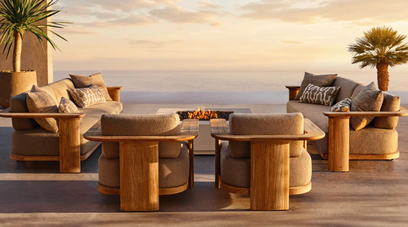 Coastal sofa and lounge chair set around a fire pit