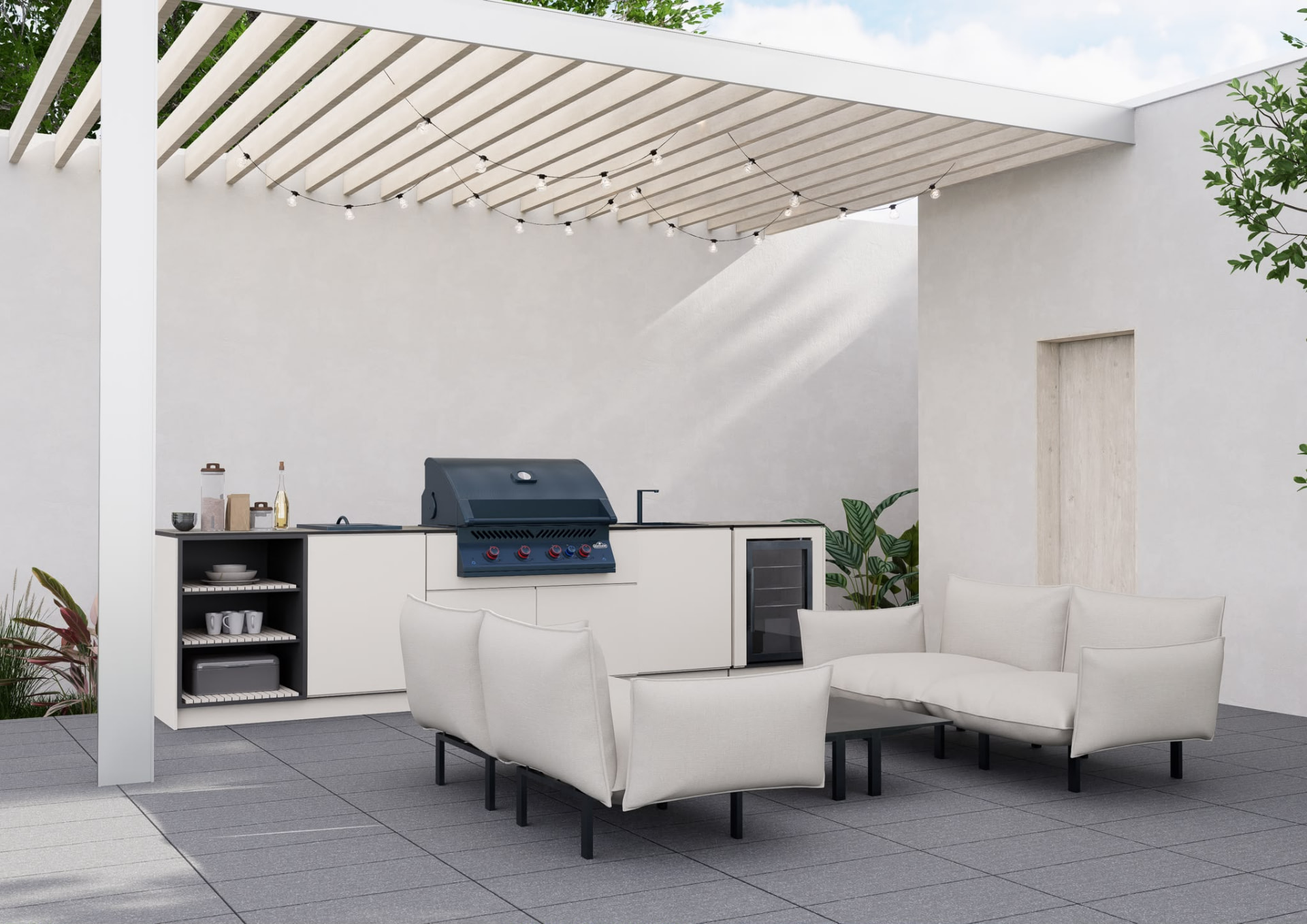 Eleexa white modular kitchen under an aluminium pergola
