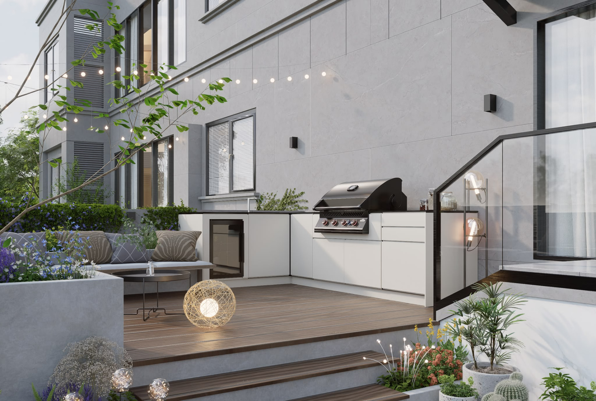 Eleexa corner-configured white outdoor kitchen with lounge