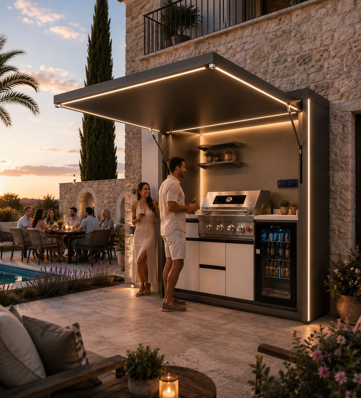 Aristo Foldaway Kitchen — open on a Mediterranean villa terrace at sunset