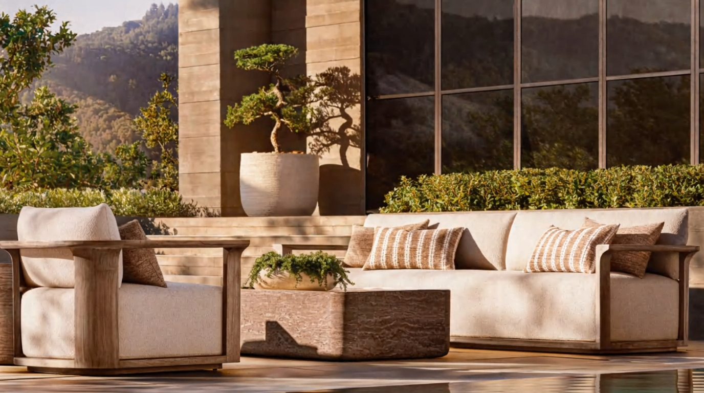 Outdoor sofa set with teak frame and boucle cushions