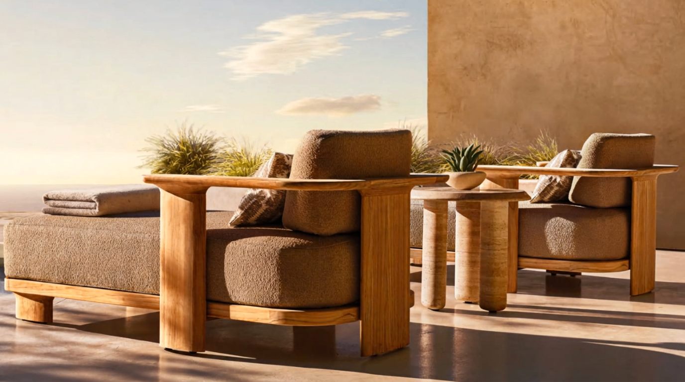 Teak lounge chairs with travertine side tables